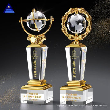 2021 Custom Crystal Plaque with Metal Silver Globe Crystal Award Silver Crystal Glass Trophy Awards